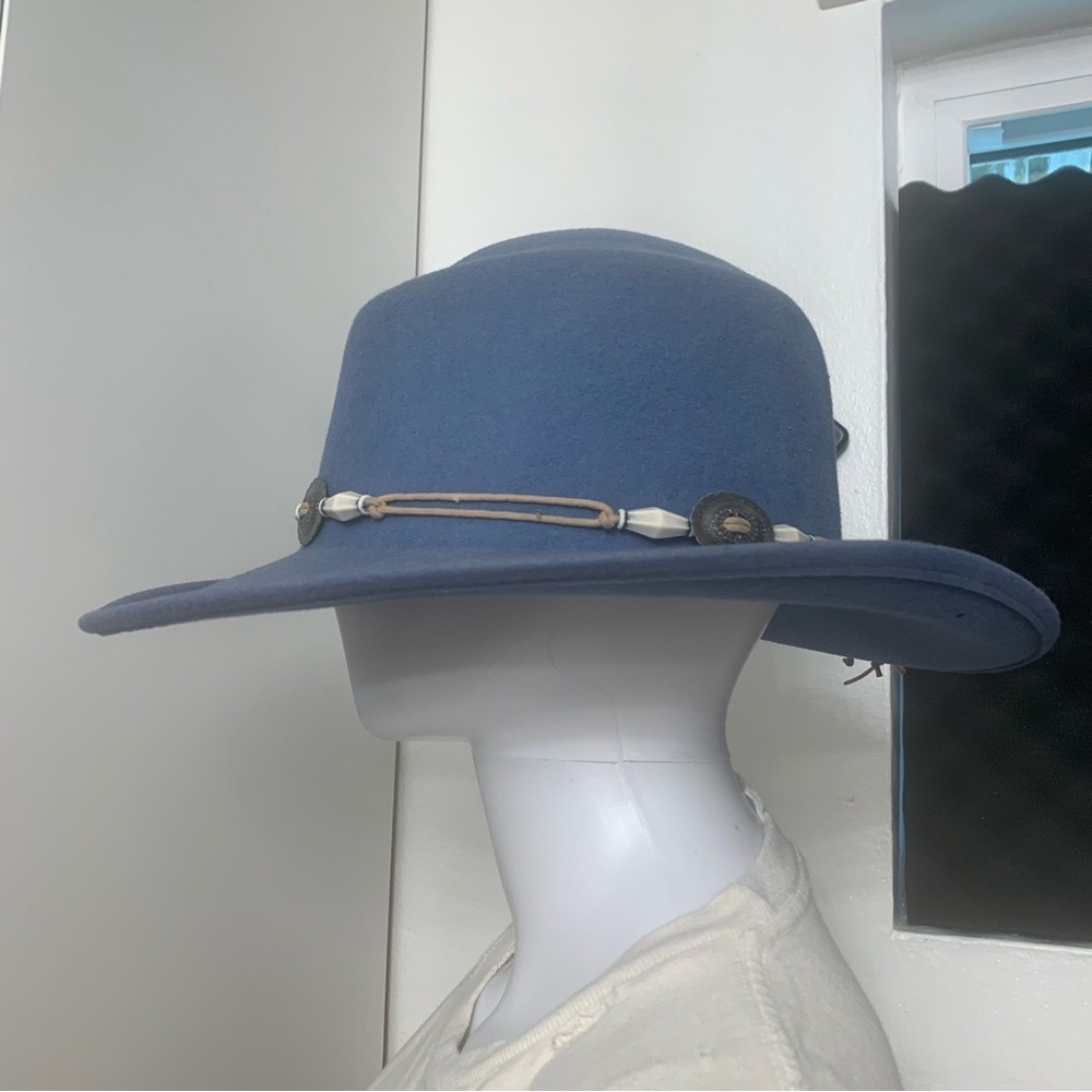 Woolmark Wool Felt Wide Brim Hat Unisex Blue Excellent Western Concho Boho USA - Picture 3 of 10